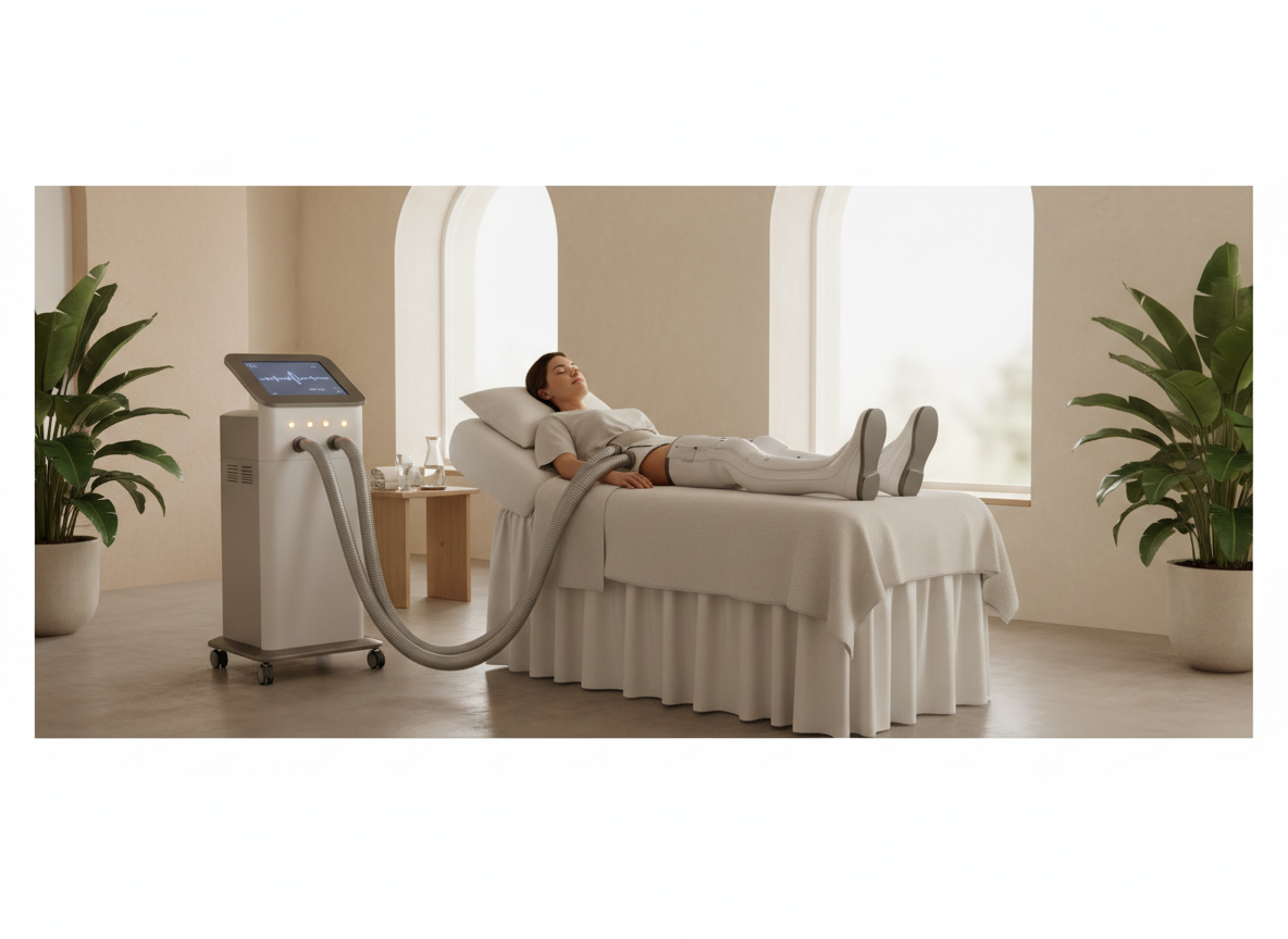 A photorealistic premium wellness clinic scene showing the proper pressotherapy machine: a modern professional pneumatic compression therapy system with a person comfortably wearing the distinctive segmented compression leg boots connected by air tubes to the machine. The machine must be clearly visible and recognizable as a professional pressotherapy device, not a massage table, sauna, red-light therapy device, or generic spa equipment. Clean modern clinical-wellness interior, warm neutral palette, elegant and trustworthy, no logos, no text, no medical claims, landscape composition suitable for a website hero banner.